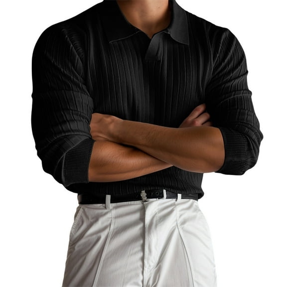 Krdevn Mens Shirts - Men's Spring and Autumn Solid Colour Lapel Pullover Slim Version Of Casual Style Long Sleeved T Shirt,Mens Fall Shirts,Color:Black,Size:M