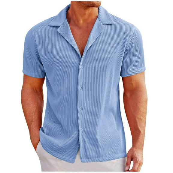 Krdevn Mens Shirts - Men's Summer Button Up Shirt Short Sleeve Cuban Shirt Knit Slim Beach Shirt,Mens Fall Shirts,Color:Blue,Size:L