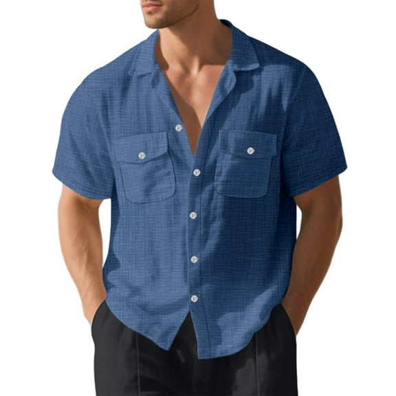 Krdevn Mens Shirts - Men's Summer Double Pocket Loose Casual Beach Short Sleeved Lapel Shirt,Mens Fall Shirts,Color:Navy,Size:M