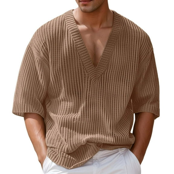 Krdevn Mens Shirts - Men's Summer Short Sleeve Striped Knit T Shirt Comfortable Stretch Casual Loose Fit Crew Neck Tee Shirt for Daily Wear,Mens Fall Shirts,Color:Coffee,Size:M
