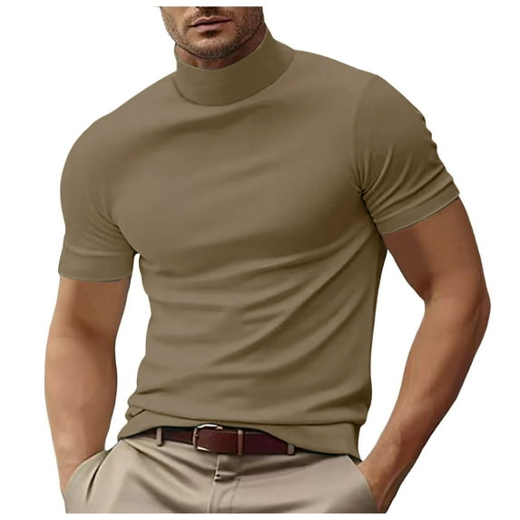 Krdevn Mens Shirts - Men's Turtleneck T Shirts Short Sleeve Pullover Undershirt Slim Fit Top,Mens Fall Shirts,Color:Khaki,Size:L