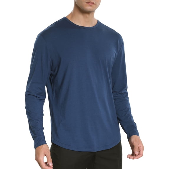 Krdevn Mens Shirts - Men's Ultra Soft T Shirt Hem Lightweight Long Sleeve Casual Basic Tee Shirt,Mens Fall Shirts,Color:Dark Blue,Size:S