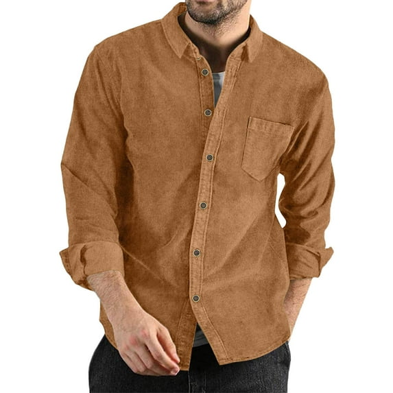 Krdevn Mens Shirts - Mens Autumn Winter Corduroy Shirts Casual Long Sleeves Solid Color Buttoned Lightweight Shirts,Mens Fall Shirts,Color:Brown,Size:XXL