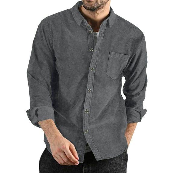 Krdevn Mens Shirts - Mens Autumn Winter Corduroy Shirts Casual Long Sleeves Solid Color Buttoned Lightweight Shirts,Mens Fall Shirts,Color:Dark Gray,Size:L