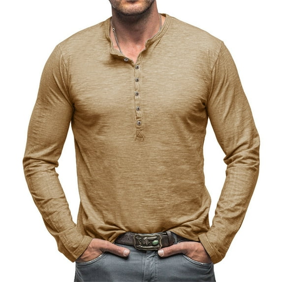 Krdevn Mens Shirts - Mens Autumn and Winter Henley Shirts Long Sleeve Button Cotton T Shirt,Mens Fall Shirts,Color:Khaki,Size:L