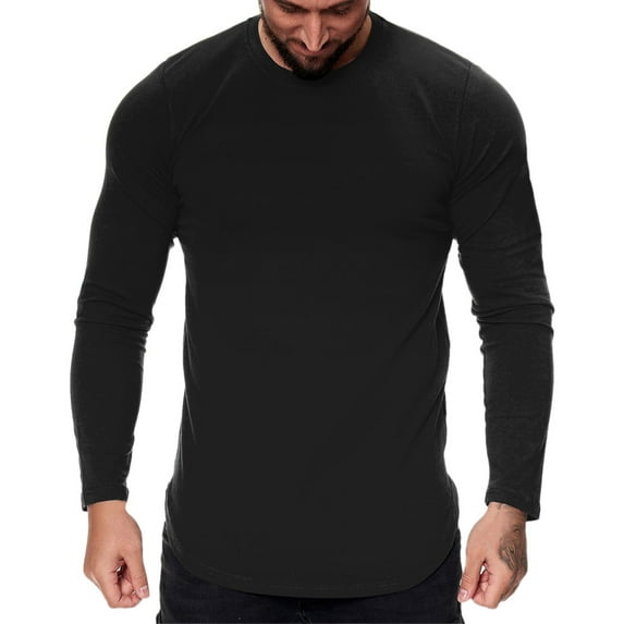 Krdevn Mens Shirts - Mens Casual Sports Fitness Outdoor Curved Hem Solid Color Round Neck T Shirt Long Sleeve Top,Mens Fall Shirts,Color:Black,Size:XL