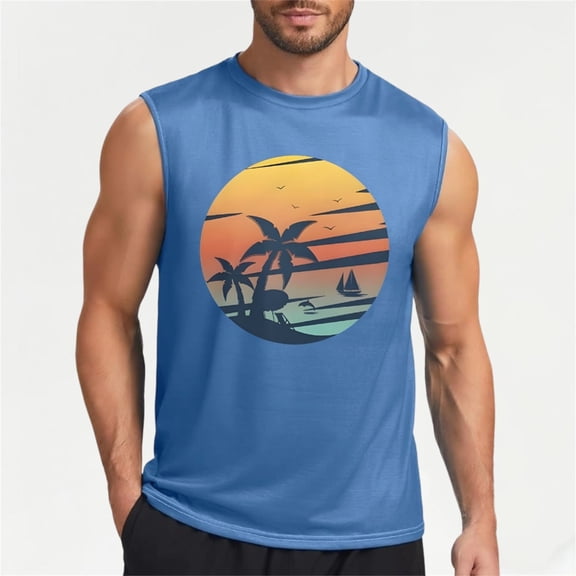 Krdevn Mens Tank Tops Summer Sleeveless Shirts with Coconut Tree Graphic for Beach and Gym Wear,Tank Tops Men,3XL