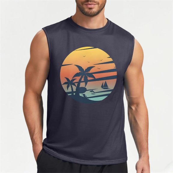 Krdevn Mens Tank Tops Summer Sleeveless Shirts with Coconut Tree Graphic for Beach and Gym Wear,Tank Tops Men,S