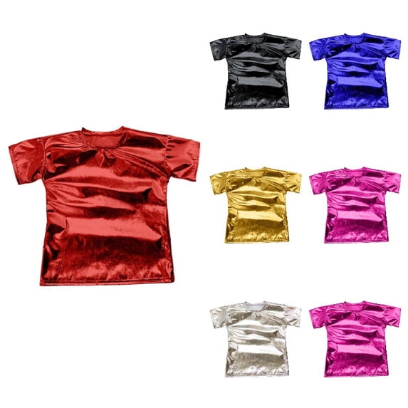 Krdevn Metallic Shiny Short Sleeve Round Neck Crop Top, Stage Performance Comfortable Tee (Little Girls, Big Girls),3-4 Years