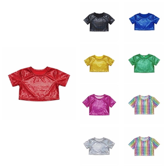 Krdevn Metallic Shiny Short Sleeve Round Neck Crop Top, Stage Performance Comfortable Tee (Little Girls, Big Girls),7-8 Years
