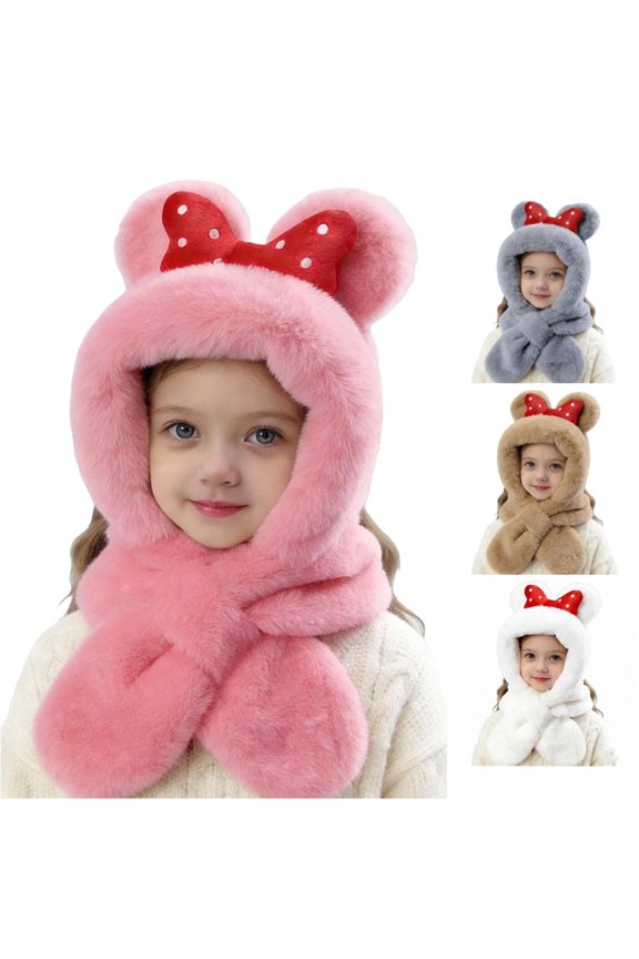 Krdevn Mouse Ear Polka Dot Bow Plush Kids Hat Integrated Knotted Scarf Soft Thermal Windproof Winter Cap for Toddler Girls