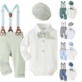 thumbnail image 1 of Krdevn Baby Boys 4 Piece formal Outfit Long Sleeve Dot Print Bodysuit Suspender Pants Bow Tie and Newsboy Hat Gentleman Wedding Baptism Suit Set 9-12 Months,Light Green, 1 of 5