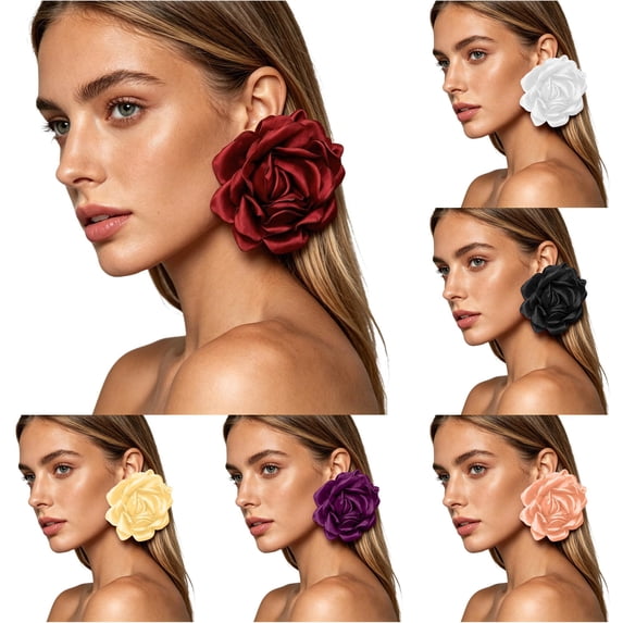 Krdevn Oversized Satin Fabric Rose Flower Stud Earrings Lightweight Big Floral Statement Earrings Wedding Party Vacation Women Ear Jewelry
