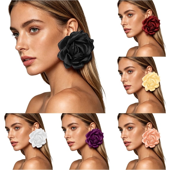 Krdevn Oversized Satin Fabric Rose Flower Stud Earrings Lightweight Big Floral Statement Earrings Wedding Party Vacation Women Ear Jewelry