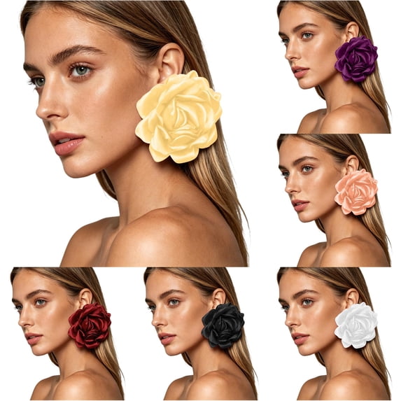 Krdevn Oversized Satin Fabric Rose Flower Stud Earrings Lightweight Big Floral Statement Earrings Wedding Party Vacation Women Ear Jewelry