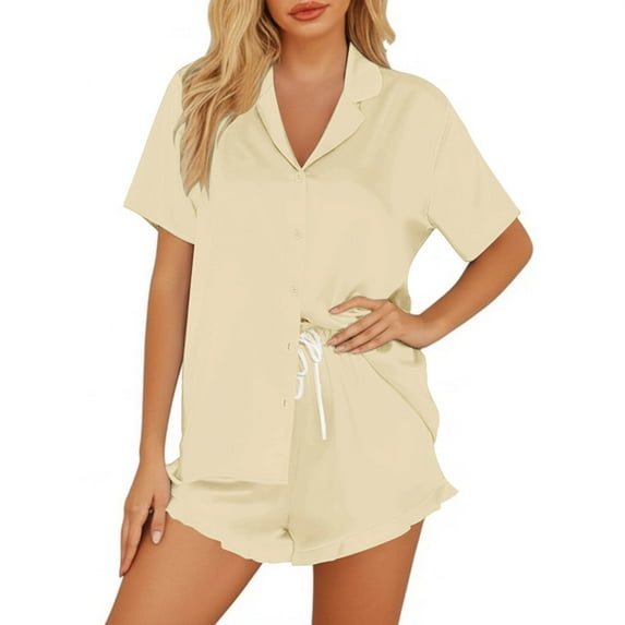 Krdevn Pajamas for Women Set - Women's Home Dress Wedding Bridesmaid Pajama Set Satin Short Sleeved and Short Shorts Pajama Set,Sleepwear for Women,Size:S