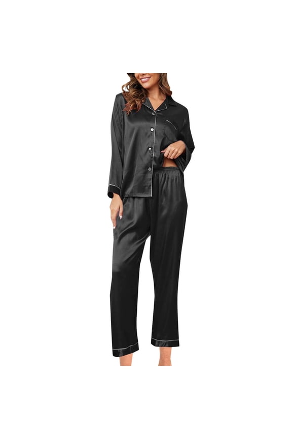 Pajamas for Women Set - Women's Pajama Set Silk Pajamas 2 Piece Satin Pajama Set Long Sleeve Button Down Suit with Pants,Sleepwear for Women,Size:M