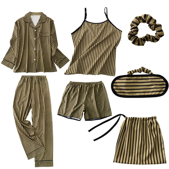 Krdevn Pajamas for Women Set - Imitation Striped Silk Piece Pajamas Women Can Be Worn Outside The Home Clothing Suit,Sleepwear for Women,Size:L