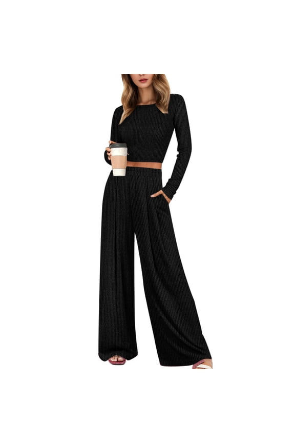 Pajamas for Women Set - Two Piece Outfits for Women Long Sleeve Crop Top Wide Leg Pants Matching Sets Tracksuits,Sleepwear for Women,Size:S