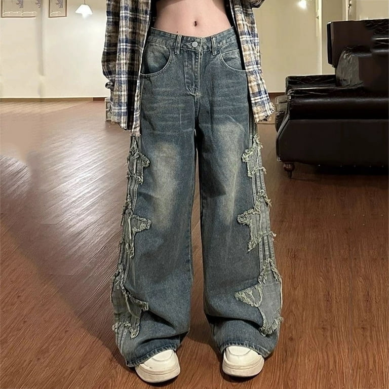 Krdevn Pants for Women Women Cow Washed Old Star Patch Jeans Vintage Mid Waist Draping Loose Wide Leg Floor Dragging Pants Color Blue Size XL