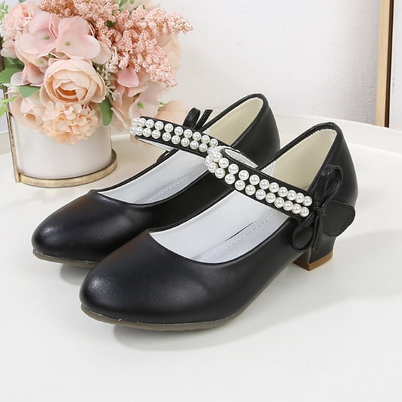 Krdevn Pearl Bow Mary Jane Shoes Closed Toe Low Block Heel Ankle Strap for Formal Daily Holiday Occasion (Little Girls, Big Girls),9.5-10 Years