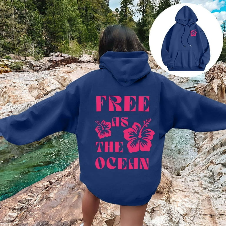 Krdevn Pink Palm Puff Hoodie Women s Letter Print Hoodies Long Sleeved Hoodie With Pockets Dark Blue S