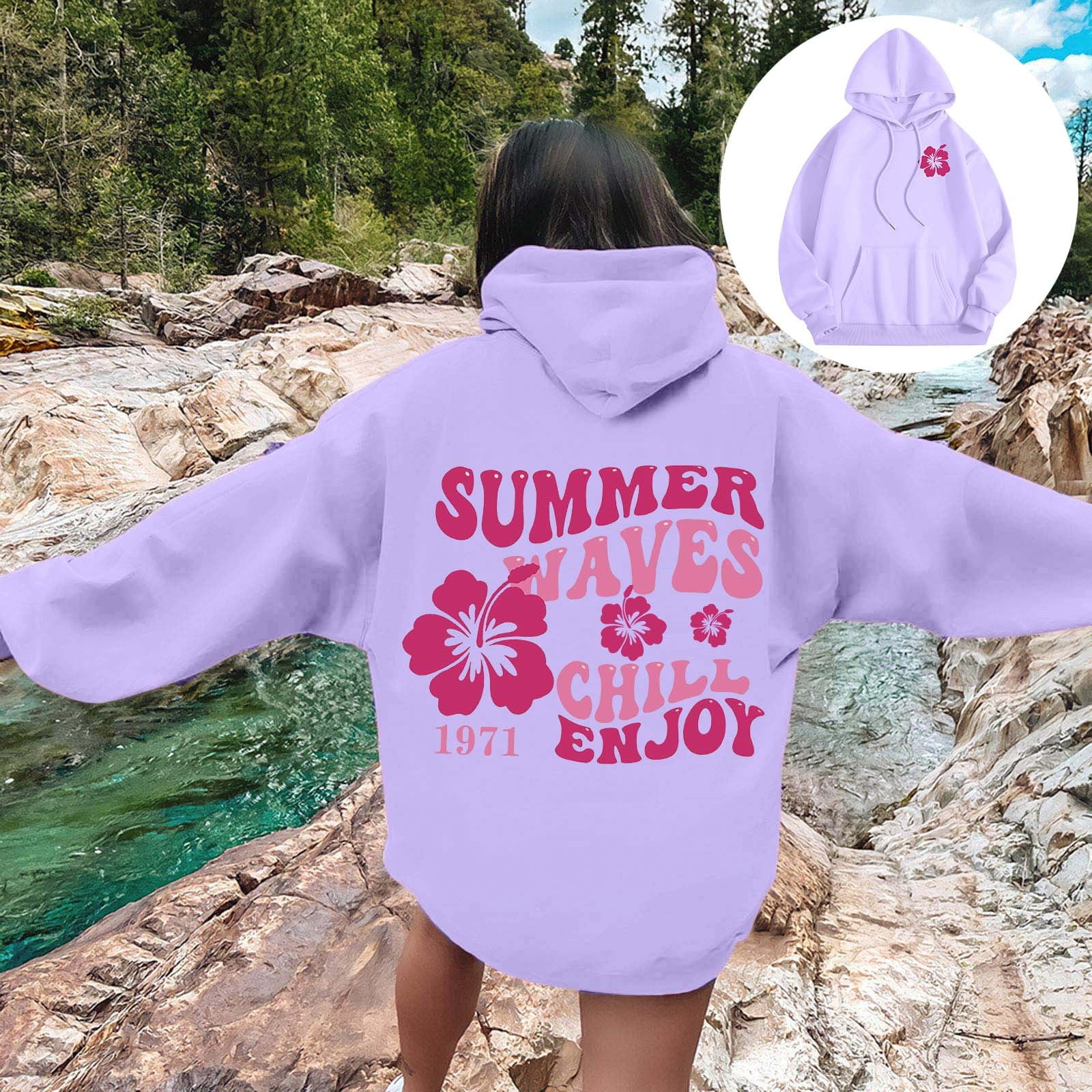 Krdevn Pink Palm Puff Hoodie Women s Letter Print Hoodies Long Sleeved Hoodie With Pockets Purple 2XL Walmart