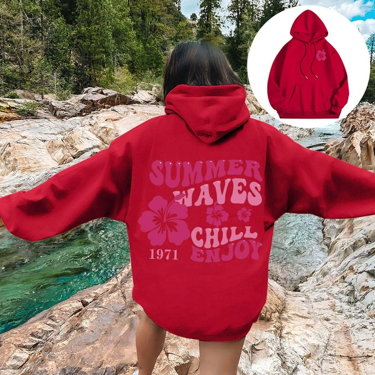Krdevn Pink Palm Puff Hoodie Women s Letter Print Hoodies Long Sleeved Hoodie With Pockets Red 2XL Walmart