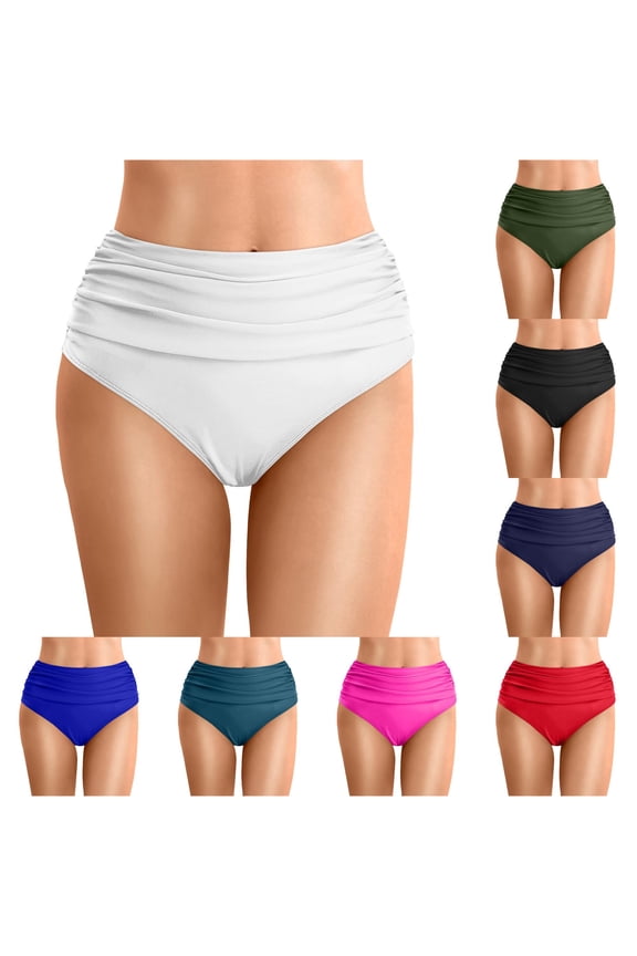 Plus Size High Waist Ruched Bikini Bottoms Full Coverage Swim Briefs High Cut Swimsuit Bottoms for Women,L