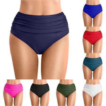 Krdevn Plus Size High Waist Ruched Bikini Bottoms Full Coverage Swim Briefs High Cut Swimsuit Bottoms for Women,L