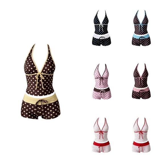Krdevn Polka Dot Halter Neck Two Piece Tankini Casual Summer Swim Set for Pool Beach Outings (Big Girls),11-12 Years