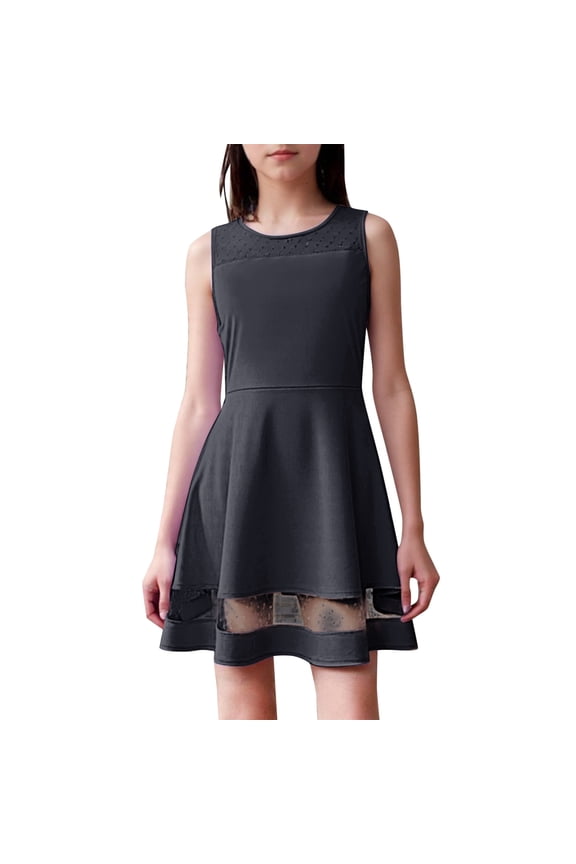 Pretty Girl Solid Color Mesh Patchwork Sleeveless Round Neck A Line Dress with Pockets,8-9 Years