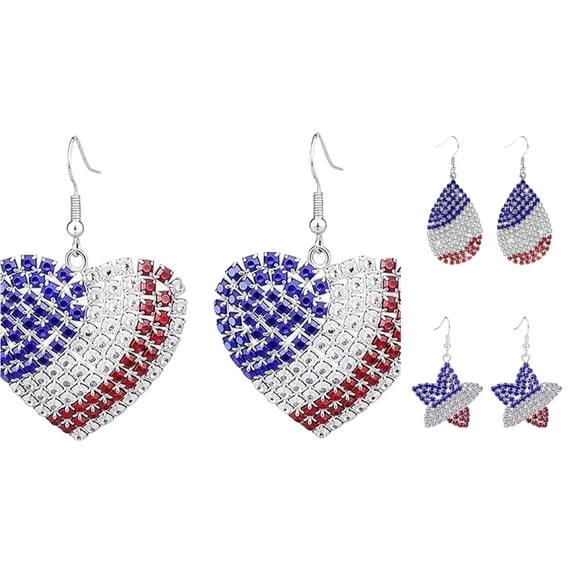 Krdevn Red White Blue Pave Dangle Earrings Patriotic USA Independence Day Hook Drop Earrings Holiday Party Women Decor Ear Jewelry