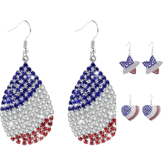 Krdevn Red White Blue Pave Dangle Earrings Patriotic USA Independence Day Hook Drop Earrings Holiday Party Women Decor Ear Jewelry