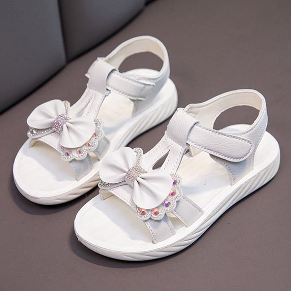 Krdevn Rhinestone Bow Open Toe Sandals, Flat Heel, Ankle Strap for Daily Summer Wear (Toddler, Big Girls),3.5-4 Years