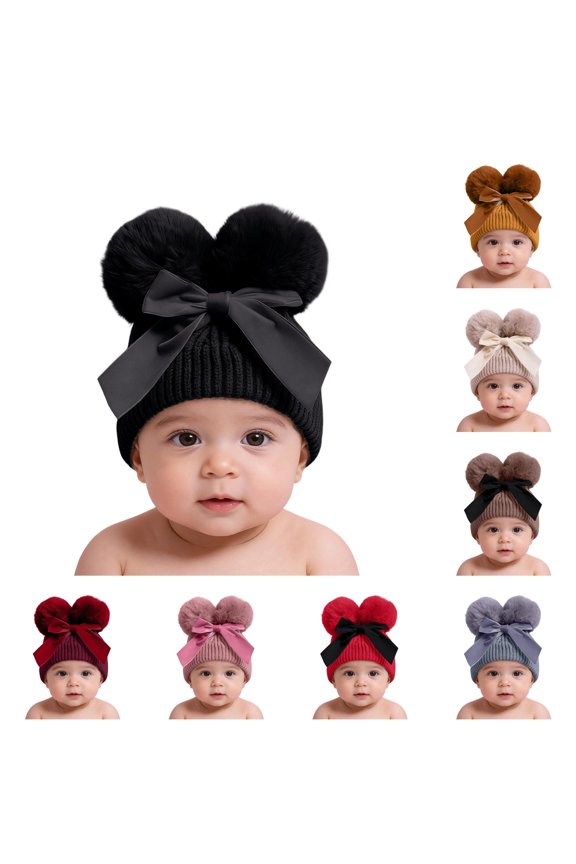 Krdevn Rib Knit Cap with Two Round Fluff Balls and Bowknot, Winter Cold Weather Headwear (Baby, Toddler),6-36 Month