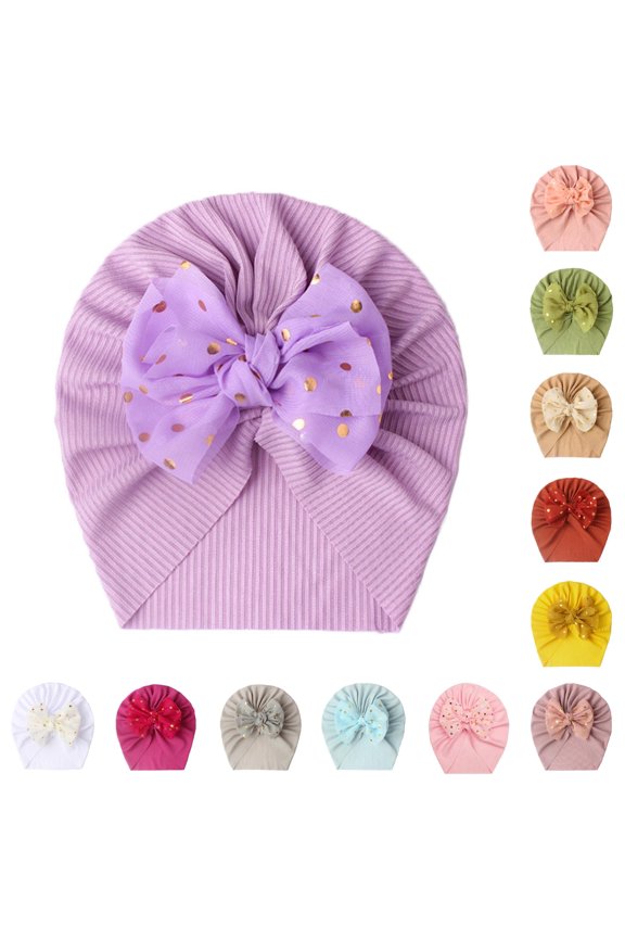 Krdevn Rib Textured Turban Cap with Polka Dot Bow Detail, Soft Lightweight Head Cover for Daily Wear (Baby, Toddler),0-36 Months