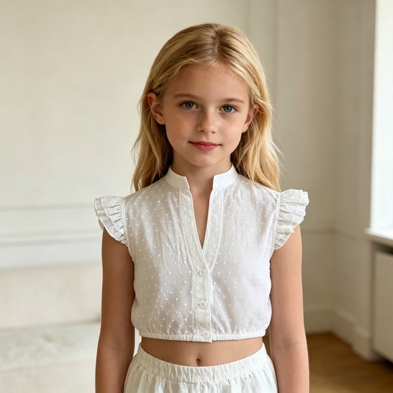 Krdevn Ruffle Sleeve Button Front V-Neck Crop Top Casual Dressy Blouse (Little Girls, Big Girls),7-8 Years