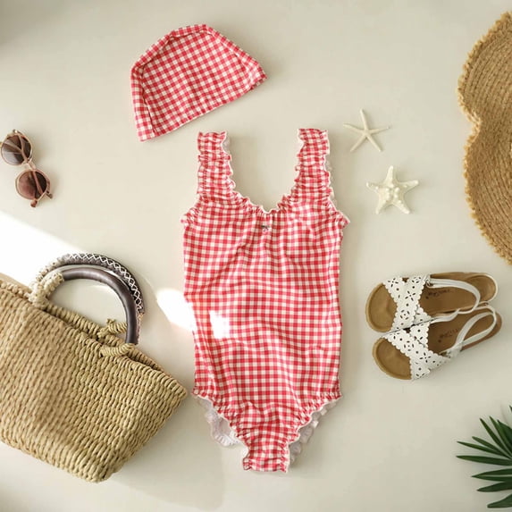 Krdevn Ruffle Strap One Piece Swimsuit Gingham Print Summer Beach UPF 50 Bathing Suit (Toddler, Little Girls),12-24 Months