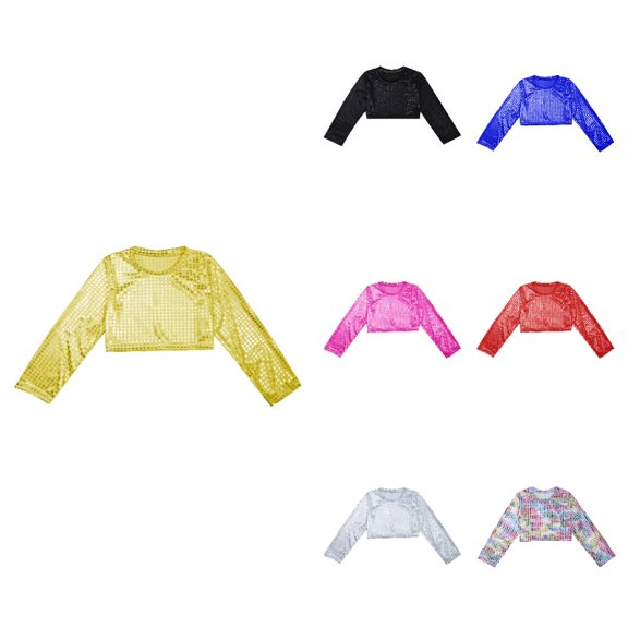 Krdevn Shiny Performance Crop Top, Glitter Stretch Tee, for Dance Party (Little Girls, Big Girls),5-6 Years