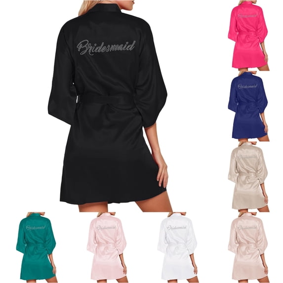 Krdevn Silver Rhinestone Bride Bridesmaid Satin Robes Wedding Day,Black