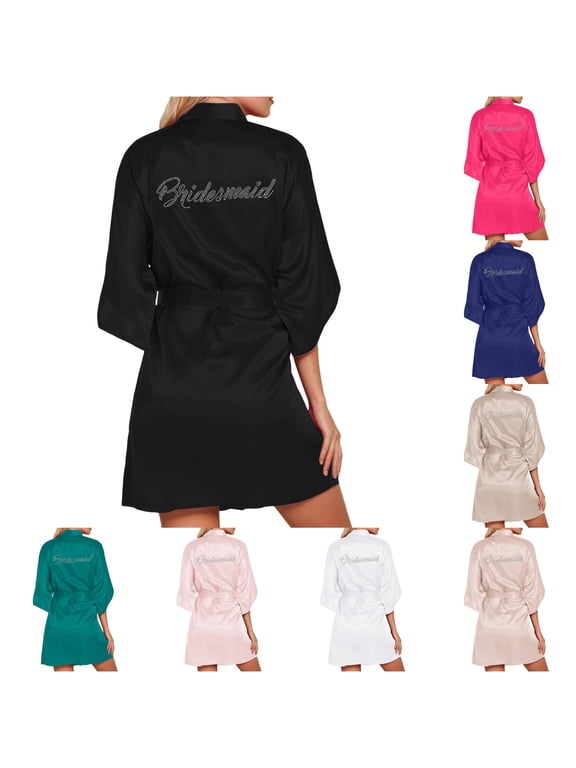 Krdevn Silver Rhinestone Bride Bridesmaid Satin Robes Wedding Day,Black
