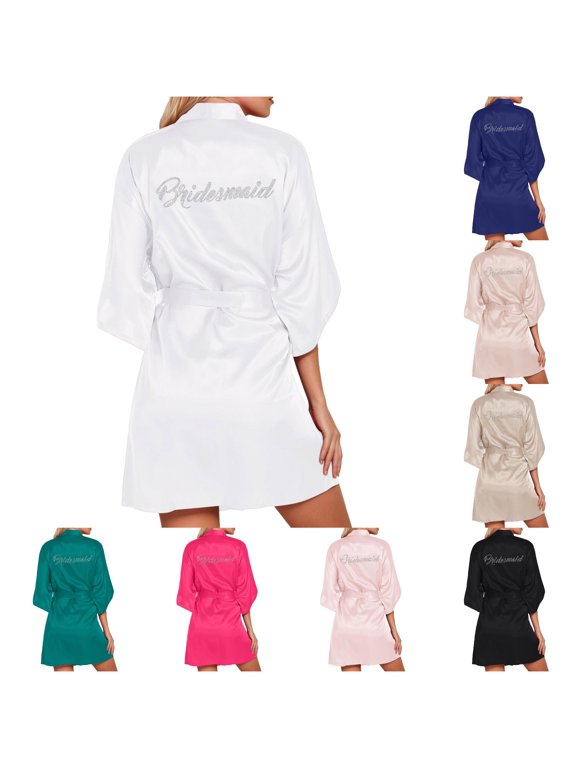 Krdevn Silver Rhinestone Bride Bridesmaid Satin Robes Wedding Day,White
