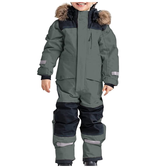 Krdevn Snowsuit Children's Boys Ski Suit Ski Overall Winter Warm Snow Overall Windproof Winter Suit with Removable Hood Mud Suit Outdoor Softshell Suit,Kids Clothing,4-5 Years