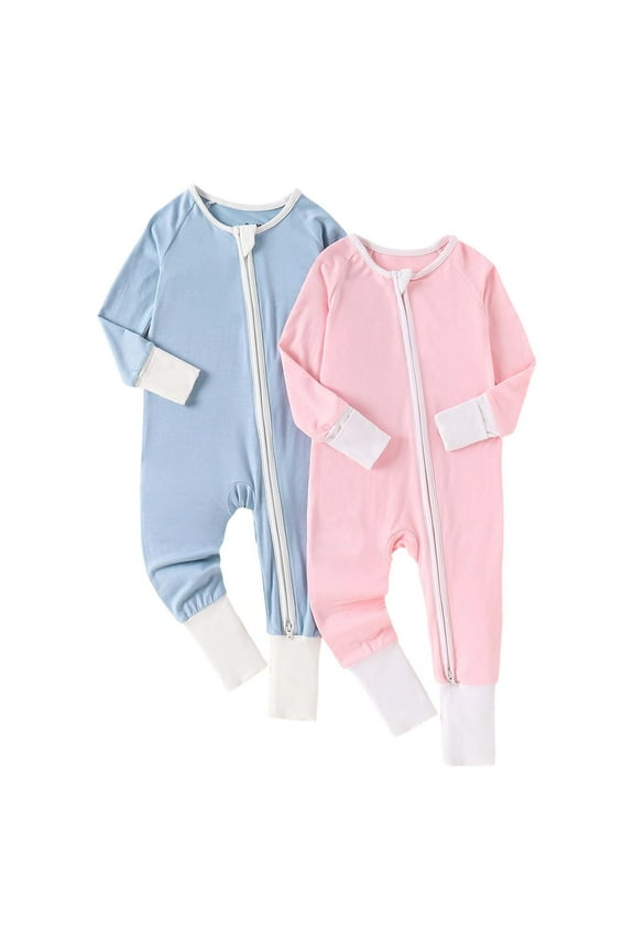 Soft Breathable Fiber Girls Romper Jumpsuit 2 Pack Comfortable Easy Zip Baby Outfit for Toddler and Sleep,0-3 Months