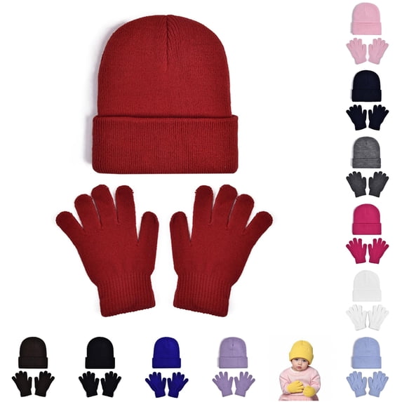 Krdevn Solid 2Pcs Kids Winter Knit Set Beanie Hat Lined Touch Screen Gloves Soft Warm Cold Weather Kit for Toddler Boys Girls