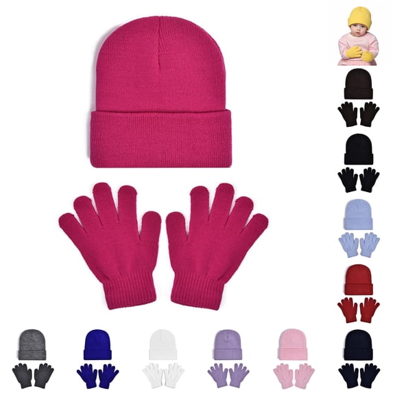 Krdevn Solid 2Pcs Kids Winter Knit Set Beanie Hat Lined Touch Screen Gloves Soft Warm Cold Weather Kit for Toddler Boys Girls