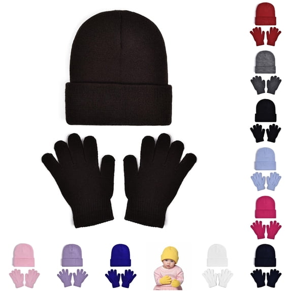 Krdevn Solid 2Pcs Kids Winter Knit Set Beanie Hat Lined Touch Screen Gloves Soft Warm Cold Weather Kit for Toddler Boys Girls