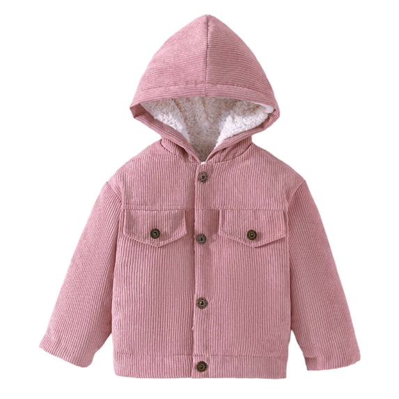 Krdevn Solid Boys Corduroy Hooded Jacket Plush Lined Button Coat Size:4-5 Years