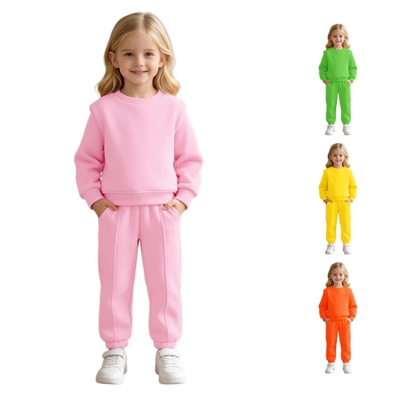 Krdevn Solid Color 2 Piece Kids Tracksuit, Thick Crew Neck Sweatshirt Jogger Pants Set Boys Girls Sports Daily Outfit,Pink